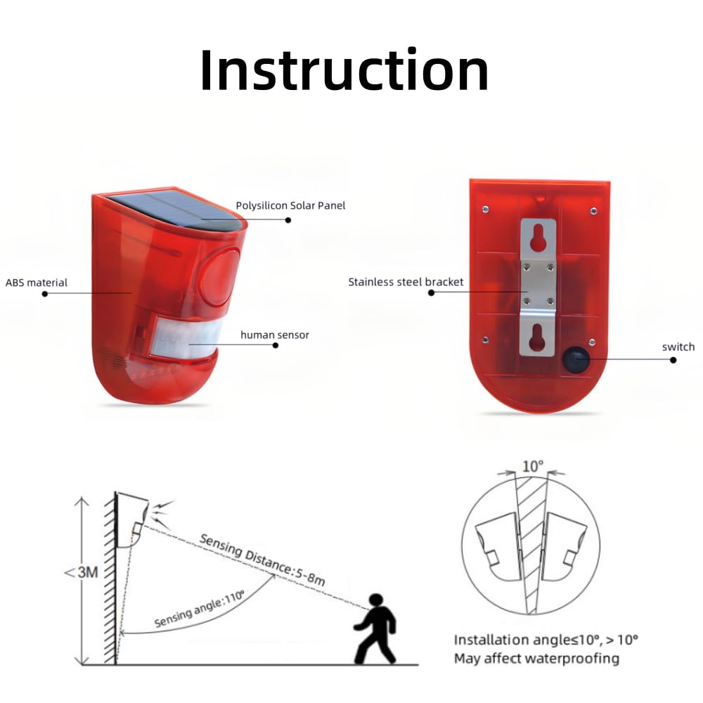 4 Pack Alarma Solar Sensor de Movimiento 110db Sirena Sonido Alerta Flash Advertencia Sistema de Alarma de Seguridad para el Hogar Patio Granero