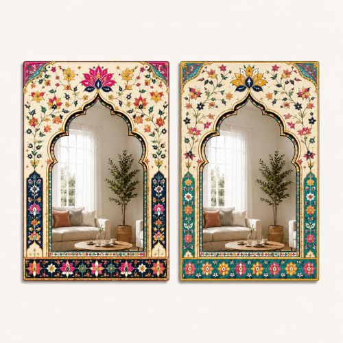 Image of American Elm Pack of 2 Jharokha Mirror Wall Decor for Home Decor Living Room and Entryway Mughal Floral Arch Acrylic Mirror Wall Hanging Ready to Hang
