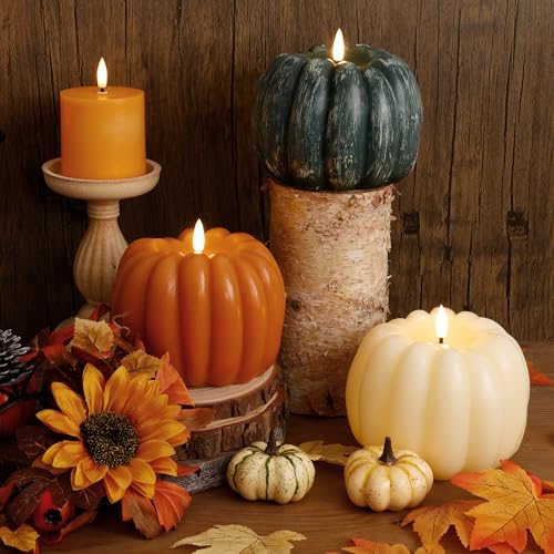 Image of Fall Flameless Candles with Remote, Real Wax Pumpkin Shaped Candle | Flickering Green Battery Operated Candles, Remote Included, For Autumn, Harvest, Thanksgiving, Halloween, Home, Party Decor