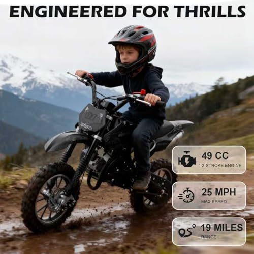 Image of 50cc Dirt Bike, 2 Stroke Gas Mini Bike for Kids 8-14 with Front Rear Disc Brakes, 10 Inch Off-Road Tires, Shock Absorption, Seat Height 23.6in, Max Speed 40mph, 2026 Upgraded (Black)