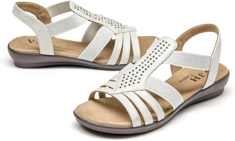 VJH confort Women's Flat Sandals, Comfort Elastic Slip-on Light Weight Slingback Casual Walking Sandals with Rhinestone - Image 5