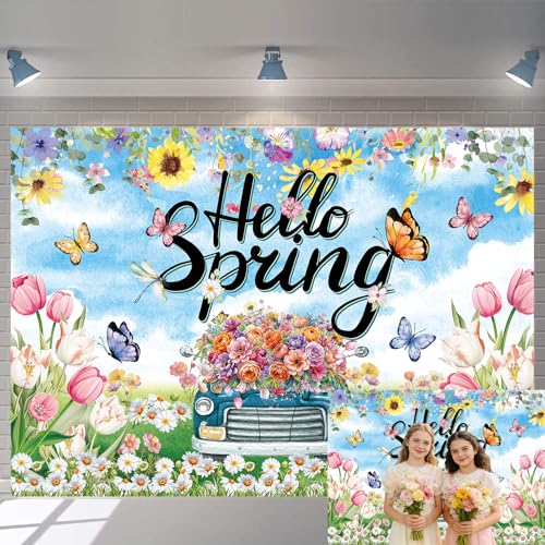 Hello Spring Backdrop Colorful Floral Tulips Truck Photography Background for Easter Holiday Spring Party Decorations Banner Photo Props (7X5FT(82 x 59 inch))