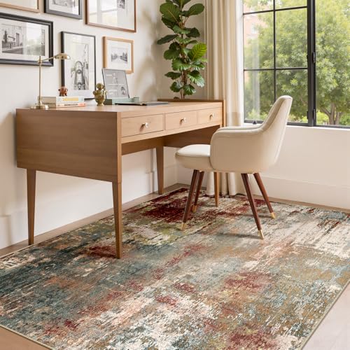 Washable Area Rugs 4'x6' Non-Slip Modern Abstract Soft for Living Room Entryway Bedroom Nursery, Print Pattern, Brown Rust Red Multi