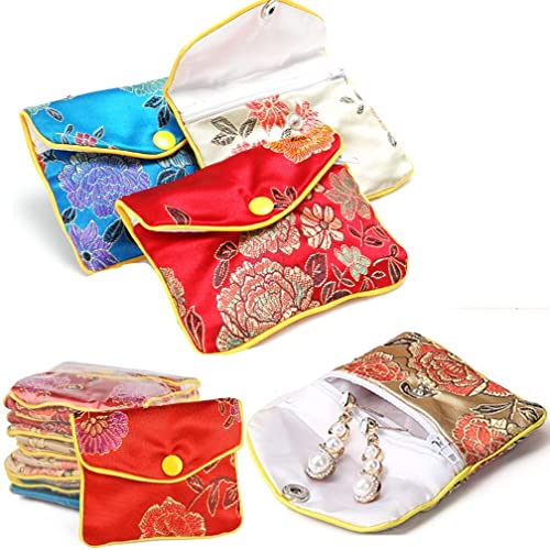 4Eaelove Silk Jewelry Purse Gift Pouch Gift Bags Blue Red Beige Color Brocade Earring Storage Display Holder Case Organizer Gift Pack Of 6Pc/12Pc/24Pc/36Pc 6.5 * 8Cm #TOP5