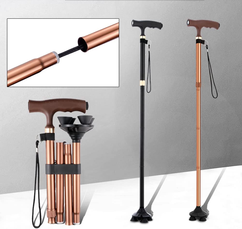 Muletas plegables para adultos con luces LED, bastones ajustables, parte inferior antideslizante, bastones para personas mayores, salir o viajar, color negro