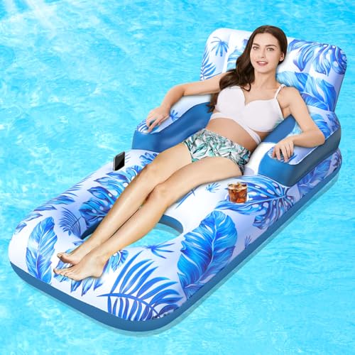 Junbig Pool Floats Adult, 65' Pool Lounger Float with Backrest Armrest Footrest, Inflatable Pool Float w/Cup and Phone Holder, Thicken Floating Pool Lounge Chair Floaties for Pool Beach Lake (Grey)