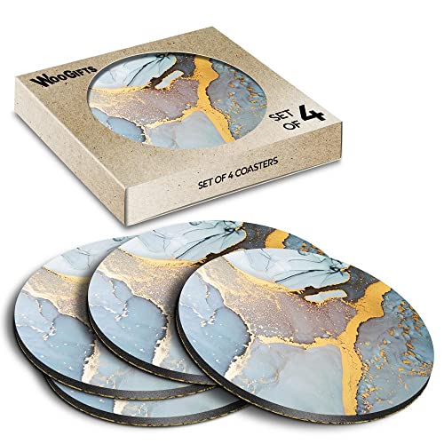Image of 4 x Round Coasters - Ink Art Blue Yellow Art Cork Backed MDF Glossy Tea Coffee Accessory #51229