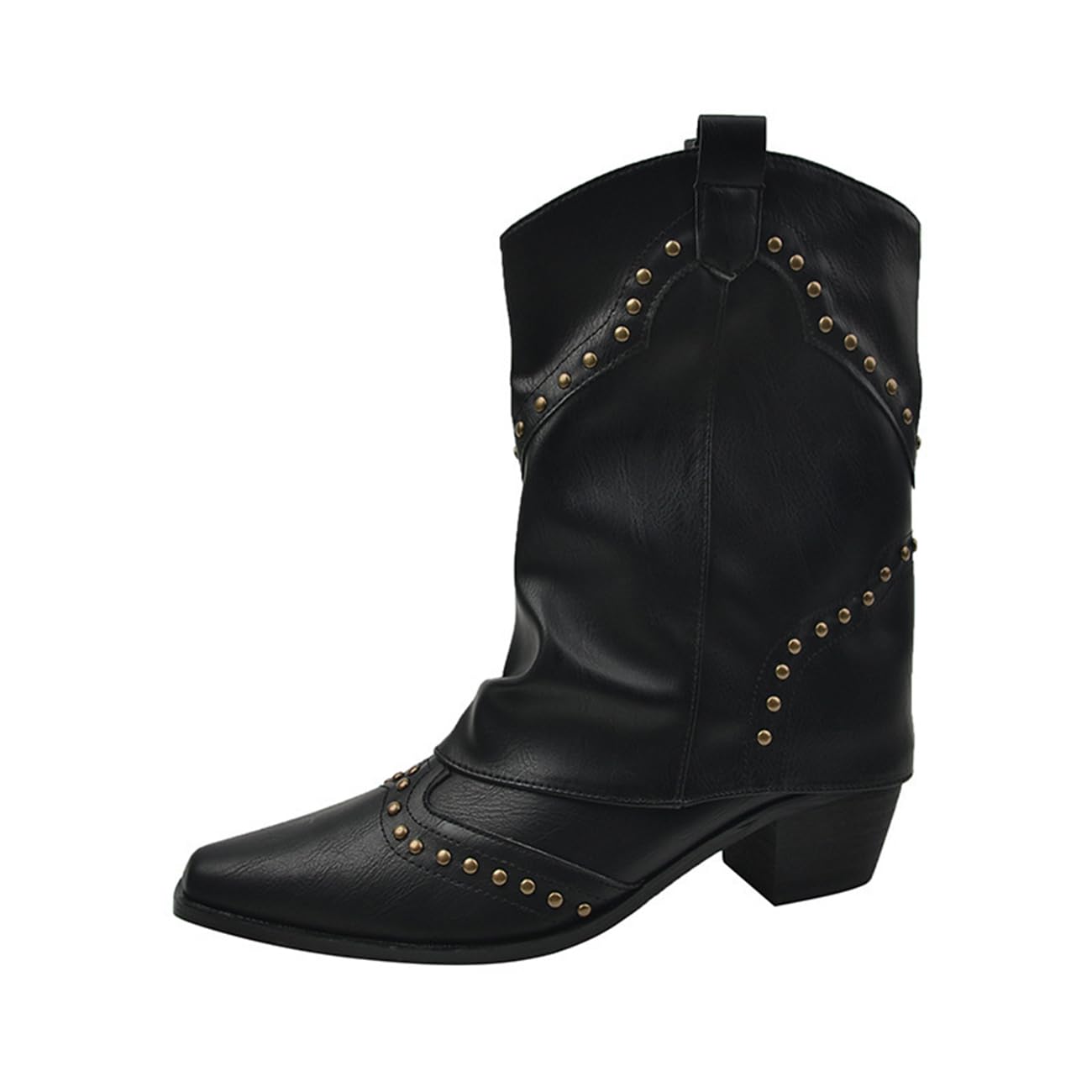 Womens Rivet Cowboy Boots Retro Mid Calf Boots with Buckle Straps Chunky Heel for Concerts Western Parties