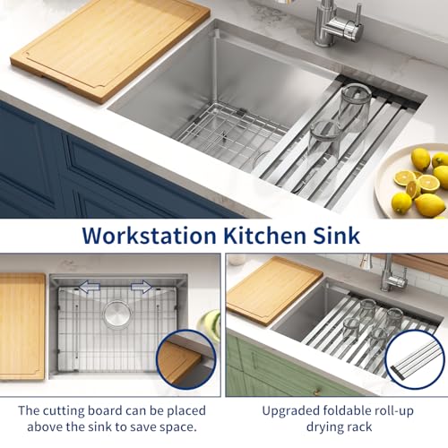 Image of LQS 23 Inch Undermount Kitchen Sink, 16 Gauge Stainless Steel Undermount Kitchen Sink, 10 inch Smart Workstation Ledge With Abundant Accessories, R10 Corner and X-Shaped Drain Line