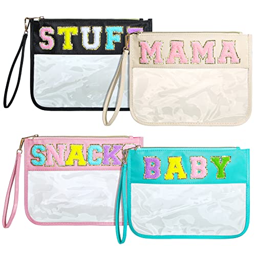Image of Buryeah 4 Pcs Chenille Letter Pouch Flat Nylon Clear Snack Bags Flat Multipurpose Zipper Makeup Bag for Travel Toiletry Bag Water-proof Cosmetic Pouch for Women(Simple Style)
