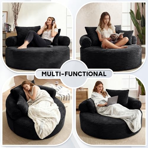 Image of Oversized Round Chair Lounge Chaise Indoor, 55.5 inch Upholstered Corduroy Deep Seat Single Cloud Sofa Chair, Fluffy Modern Large Circle Boneless Sleeper Sofa for Living Room, Bedroom, Black