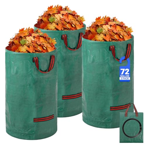 Velway Reusable Yard Waste Bags -72 Gallon 3-Pack Heavy Duty Garden Leaf Bags with 4 Reinforced Handles Standable Collapsible Lawn Bags with Plastic Ring for Leaves Grass & Debris