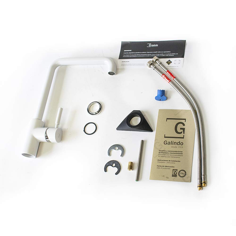 Galindo - Grifo de Cocina - Theo City - Mod. 8648611 - Latón Acabado Blanco - Caño Alto - Grifo Monomando para Instalación en Repisa - Caudal 20,9 l/min