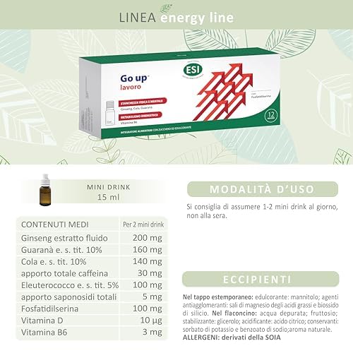 ESI - Go Up Lavoro, Integratore Alimentare a Base di Guaranà, Ginseng e Vitamina B6, Contrasta Stanchezza Fisica e Mentale, Gusto Mela Rossa, Senza Glutine e Vegetariano, 12 Mini Drink