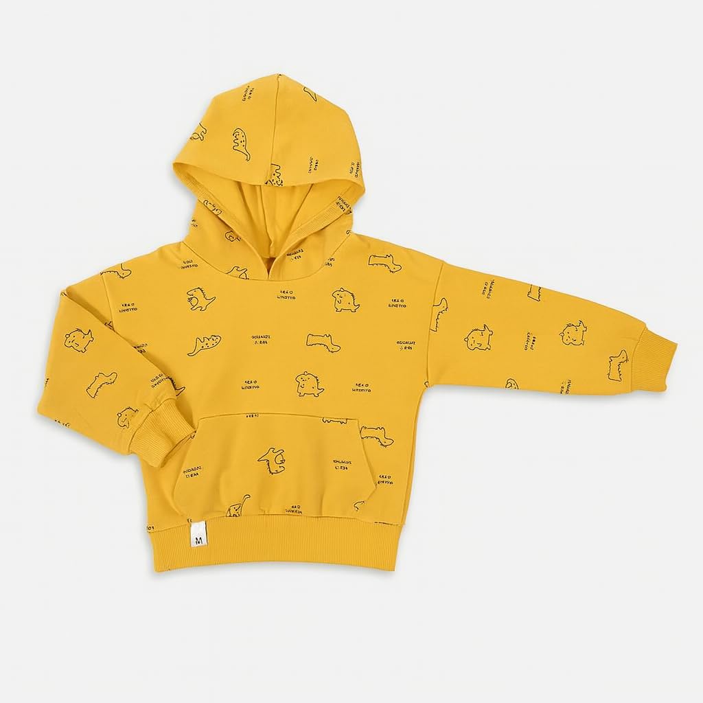 Bold N Elegant Trex Dinosaur Print Full Sleeve Hood Tshirt Sweatshirt Hoodie for Infant Toddler Baby Boy n Girl (Yellow, 1-2 Years) 1