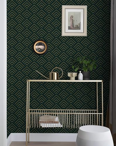 Image of TEKCOOL Self Adhesive Wallpaper Green and Gold Pattern Peel and Stick Wallpaper Gold Lines Geometric Sticky Back Vinyl Removable Contact Paper Wall Covering Decorative Film DIY 45x300cm (Green-3pc);