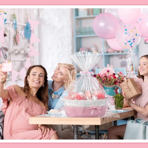 Image of Colingmill 1 Set Woven Basket for Gift Empty with Cellophane Wrap Set 14 x 10 x 5.5 Inch, Medium Decorative Gift Basket Empty to Fill, Cotton Rope Storage Box Decor (Pink White)