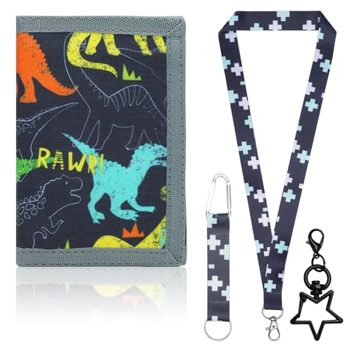 UOCAI Brustbeutel Kinder Dinosaurier Motiv, Geldbörse Kinder mit Klettverschluss & Reißverschluss, Junge Geldbeutel mit Kartenfächern, Ausweisfenster & Münzfach, für Teenager Jungen Umhängeband