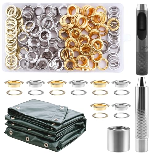 Foydream 120 Piezas Ojales Metalicos, 12 mm Kit de Remachadora Ojales con Caja de Almacenamiento, Herramienta de Ojales para Lonas, Toldos, Ropa, Cuero, Telas, Bolsos y Cortinas (Oro, Plata)
