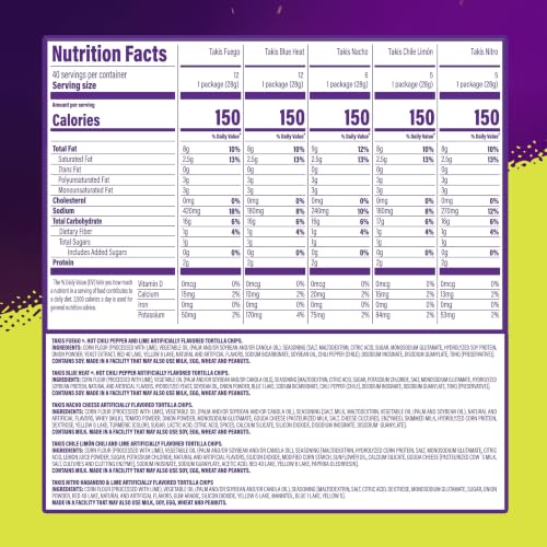 Image of Takis Assorted Rolled Tortilla Chips, 40 pc / 1 oz Variety Pack | 12 Fuego, 12 Blue Heat, 6 Intense Nacho, 5 Chile Limon, 5 Nitro; non-spicy to extremely spicy