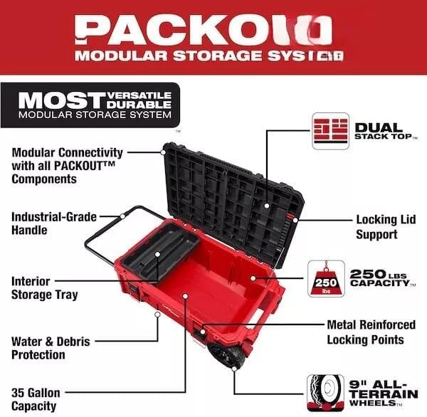 xokisde 48-22-8428 Packout Rolling Tool Chest, Black/Red, Plastic, 38 In for Milwaukee Tool