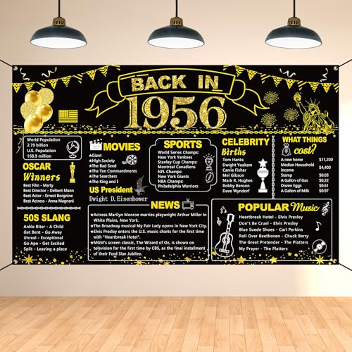 Image of DARUNAXY 70th Birthday Black Gold Party Decoration, Back in 1956 Banner 70 Year Old Birthday Party Poster Supplies Vintage 1956 Backdrop Photography Background for Men & Women 70th Class Reunion Decor