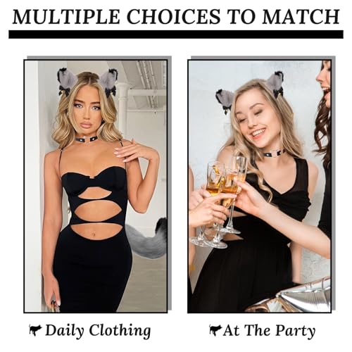 5 Stück Schwarze Katze Kostüm Set, Plüsch Kunstfell Fox Wolf Tail Kit mit Stirnband Katzenohren Halsband Plüsch Handschuhe Schwanz für Damen Karneval Cosplay Fancy Dress Party