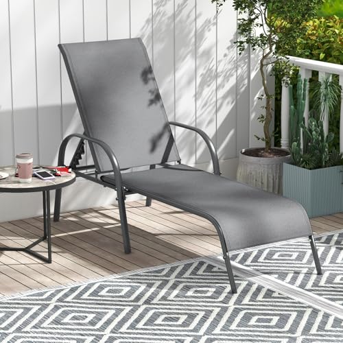 Image of Giantex Patio Lounge Chair, Outdoor Chaise Lounge with 5 Adjustable Backrest, Sturdy Steel Frame, Sunbathing Recliner, Tanning Chair for Beach, Outside, Yard, Balcony, Pool Chairs (1,Dark Gray)