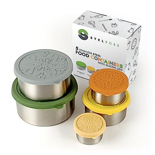 Stelboss Stainless Steel Containers with Lids, Set of 5, Leakproof Stainless Steel Food Containers, Metal Food Storage Container, Stackable Toddler Snack Containers, Lunch Box Containers