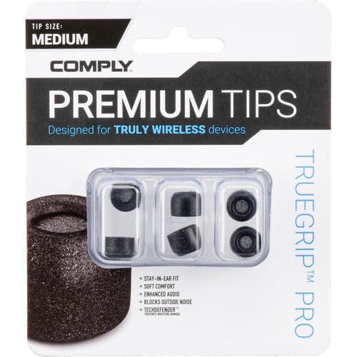 ComplyTWR-200-B Series Compatible with Beats Solo Buds, Devialet Gemini, AKGN400 and More - Memory Foam Earbud Tips with TechDefender Made in The USA, 3 Pairs, Medium, Black