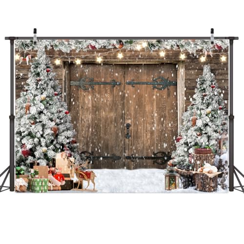 AIIKES 7x5FT Fondo Navideño Puerta de Madera del Granero Rural Navideño de Invierno Fondo Fotográfico árbol de Navidad Regalo de Nieve Fiesta Familiar Fondo Decorado 12-630