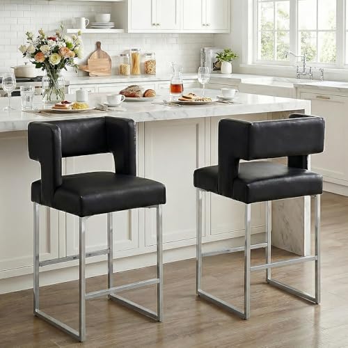 Image of 26 inch H Bar Stools Set of 4 with Back, Faux Leather Counter Height Stools with Footrest, Square Metal Frame, Modern Upholstered Bar Chairs for Kitchen Island /Dining Room, Black & Silver Legs