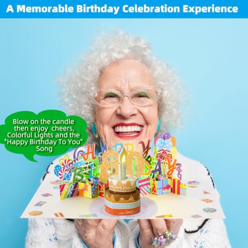Image of 80th Pop-Up Musical Birthday Card, Blowable LED Candle for Women and Men