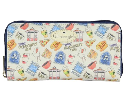 Bioworld Gilmore Girls Dragonfly Inn Icons Allover Print Zip Around Closure Faux Leather Wallet For Women
