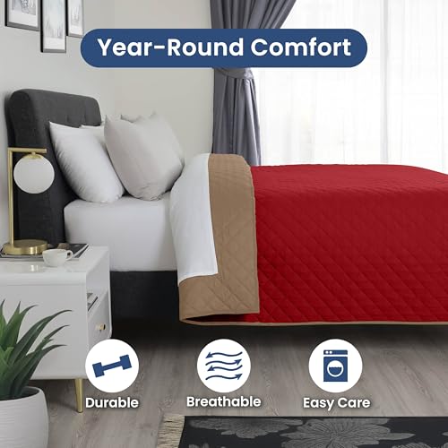 Image of Martex Reversible Coverlet - Full Queen Size Quilt - Lightweight Full Size Bedding- Durable Queen Size Quilts for Bed - Soft - Easy Care Bedding - Khaki /Red