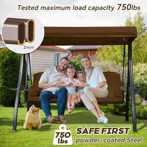 Image of 3 in 1 Outdoor Porch Swing with Adjustable Canopy, 3 Seat Outdoor Swing for Adults, Patio Swing Chair with Thickened Cushions,Pillows & Cup Holders for Backyard, Porch, Garden (Brown)