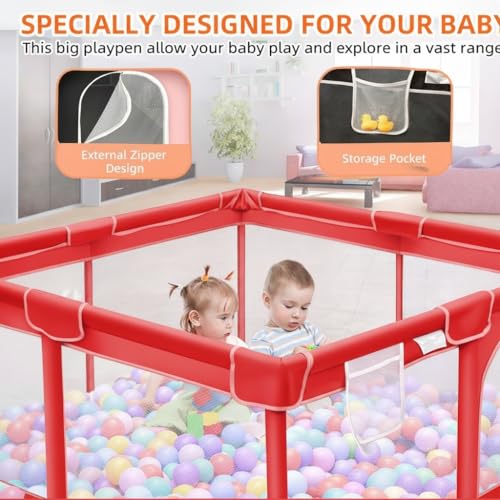 Image of ShivAnanta Foldable Baby Playpen Safety Fence for Kids Indoor Play Area with 30 Pit Ball Breathable Mesh, Anti Slip Base, Toddler Play Yard for Crawling, Playing & Learning Activity Play Center 3+ Years (Red)