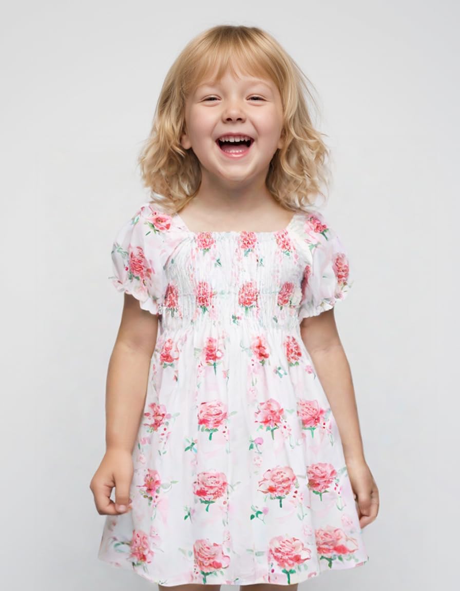 Mrocioa Girls Puff Sleeve Dressed Ruffle Smocked Square Neck Midi Dress Idyllic Style Summer Off Shoulder A-line Dress for 6t