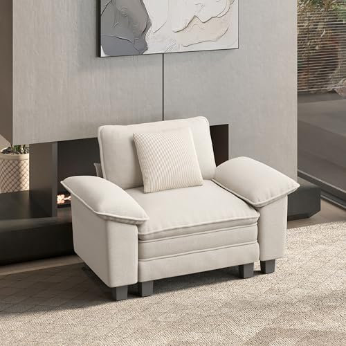 Image of HERA'S HOUSE 1-Seat Modular Couch Accent Chair Sofa with Throw Pillow | Modern 53.5 inch Single Seat, White, Wider Armrest, Comfy Deep Seat, Soft Chenille Sofa Chair for Living Room