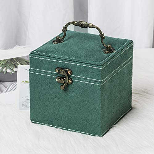 Amasava Mini Joyero Caja de Organizador Terciopelo con 2 Cajones,Viaje Caja de joyería de Doble Capa Apilable, 13 * 13 * 13cm,Verde Retro