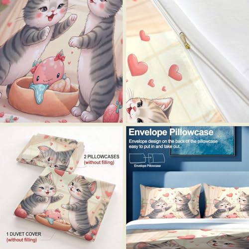 Housse de couette à imprimé chat mignon parure lit simple cœur rose 07 - 3