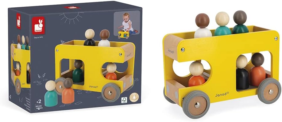 Janod - Bolid Solid Wood School Bus - 6 Characters Included - Silent Wheels - Imagination and Fine Motor Skills - FSC Certified - Water Painting - From 2 Years, J04635, Yellow