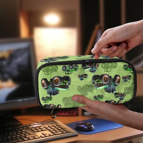 Image of Green Tractor Print Pencil Case for Kids Large Pencil Pouch for Elementary Boys Lightweight Portable Pen Bag with Mesh Pocket for School