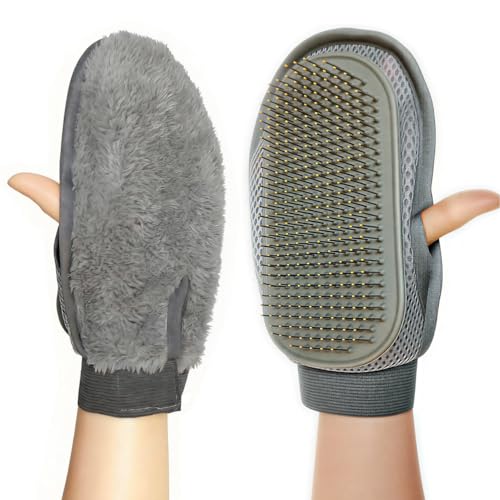 Guanto Spazzola Cane e Gatto 2 in 1 Reversibile, Guanto Toelettatura con Pin Acciaio Inox e Pile per Bagno, Massaggio e Rimuovi Peli Animali Morti e Sottopelo, per Pelo Lungo e Corto, Grooming
