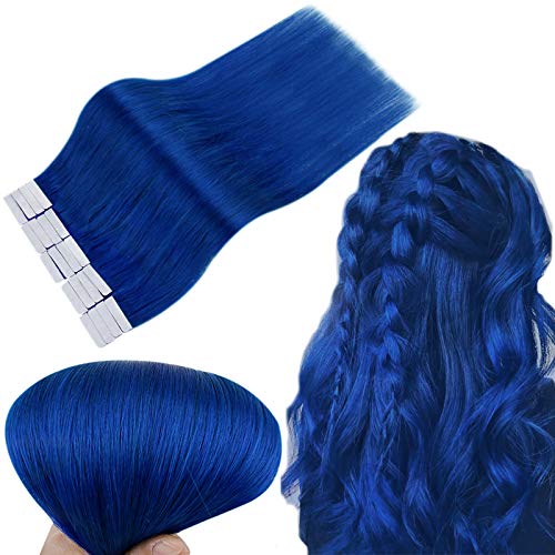 RUNATURE 14 Inches Tape Extensions Human Hair Color Blue 10Pcs (2g Per Piece,20g) Skin Weft Human Hair Extensions Seamless Soft