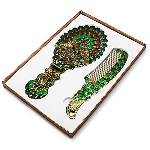 Handheld Mirror Unique Comb Set,Vintage Hand Mirror Foldable Retro Portable Green Peacock Makeup Mirror Metal Dresser Bronze Mirror Decorative Pocket Cosmetic Mirror Girl Gift Personality #TOP3