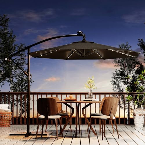 Garvee 10ft Solar Lights Offset Patio Umbrella, Cantilever Umbrella with Easy Lift & Tilt Adjustment, 8 Ribs Sun umbrella UV Protection for Backyard, Pool, Garden - Gray