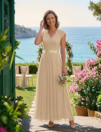 Image of Dressystar Women's V Neck Sleeveless Lace Bridesmaid Dress Wedding Party Gown