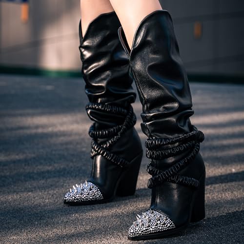 Image of Women's Studded Pointed Toe Western Boots Slouchy Knee High Chunky Heel | Studded Pointed Toe with Ruched Strap Detail and Chunky Heel