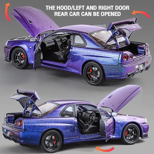 Image of 1:24 Scale Nissaan Skyline R-34 Model Alloy Metal Pull Back Toy car for Kids with Openable Doors & Light, Music Toy Vehicle for Kids (1:24 Nissaan Skyline R-34 (Purple))